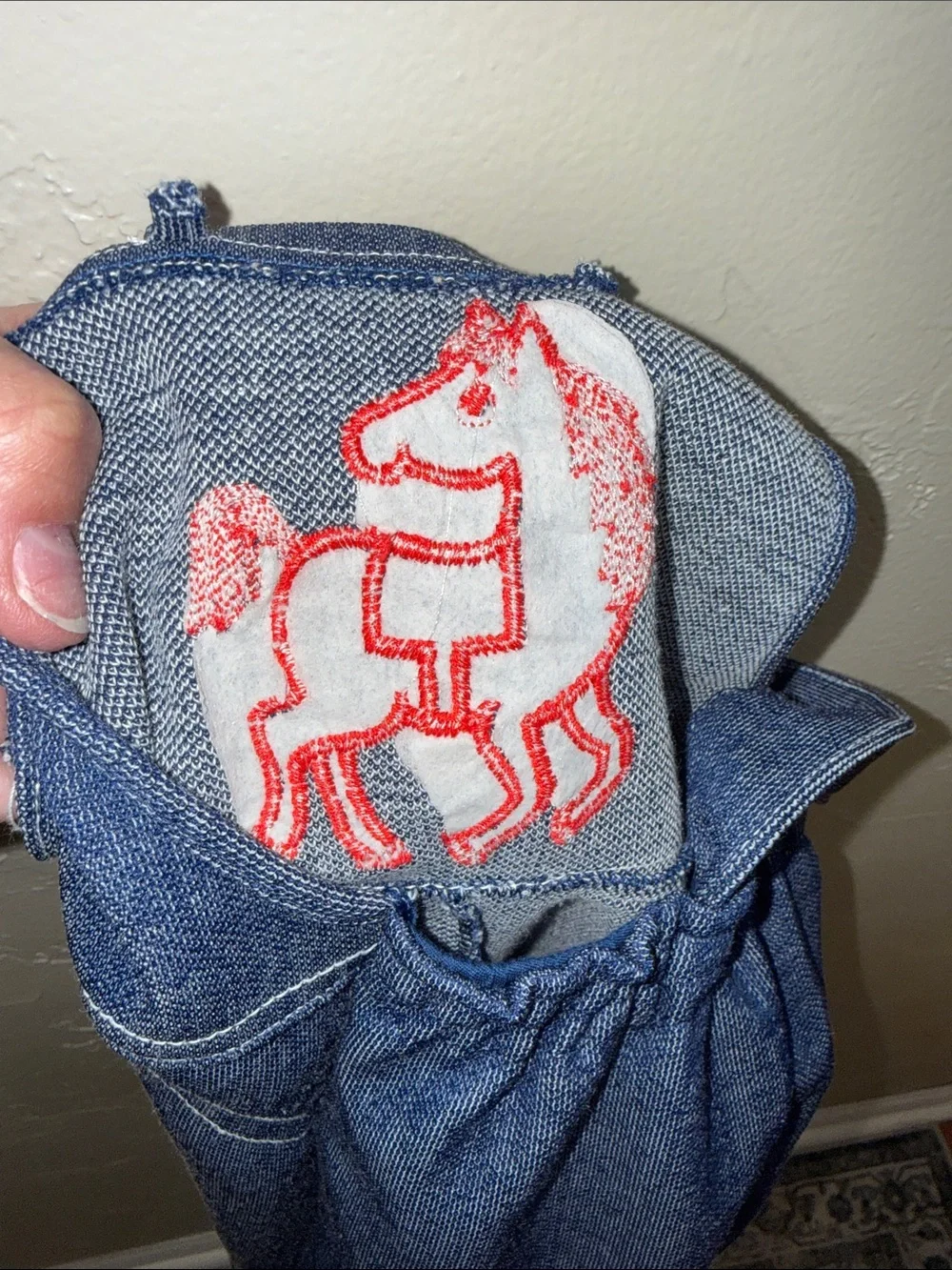 Carter's Vintage Navy Denim Overalls Red & Orange Horse Patch Single Stitch USA